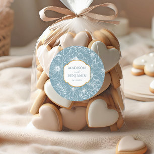 Elegant Floral Garden Gold Dusty Blue Wedding Classic Round Sticker