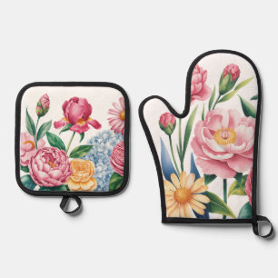Elegant Floral Garden Oven Mitt & Pot Holders Holder Set