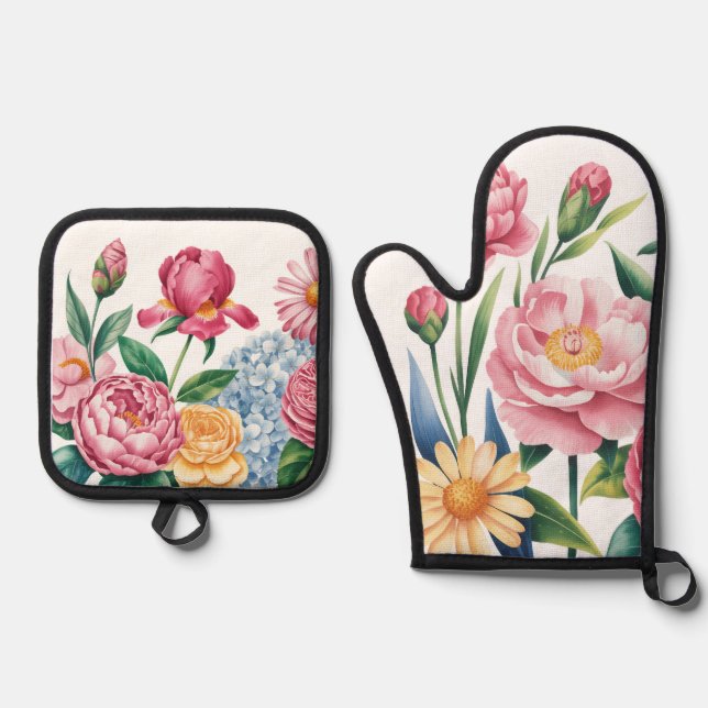 Elegant Floral Garden Oven Mitt & Pot Holders Holder Set (Front)
