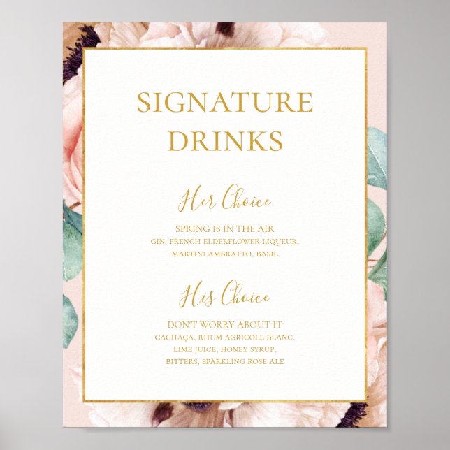Elegant Floral Garden | Pastel Signature Drinks Poster (Front)