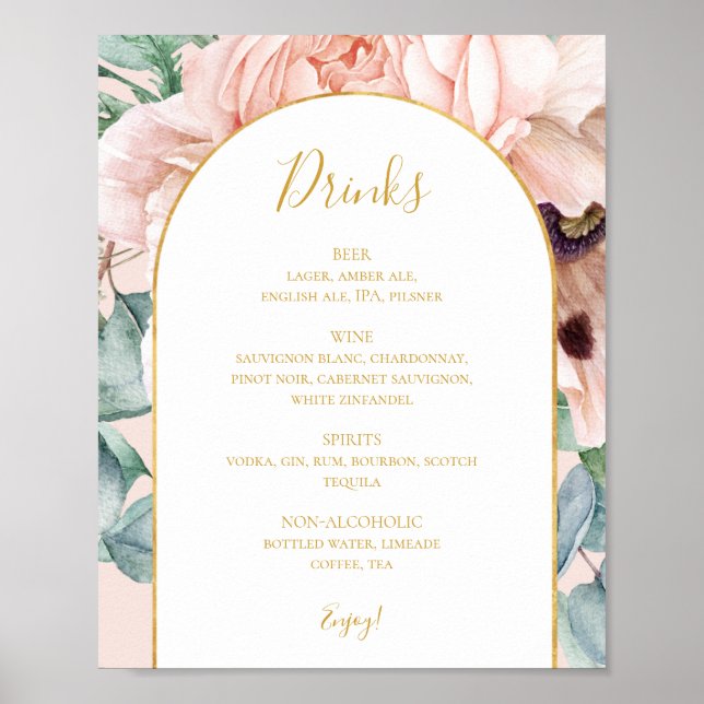Elegant Floral Garden | Pastel Wedding Drinks Menu Poster (Front)