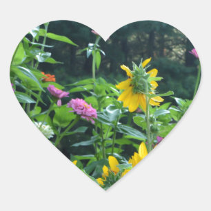 Elegant floral garden sunflowers zinnia mums  heart sticker