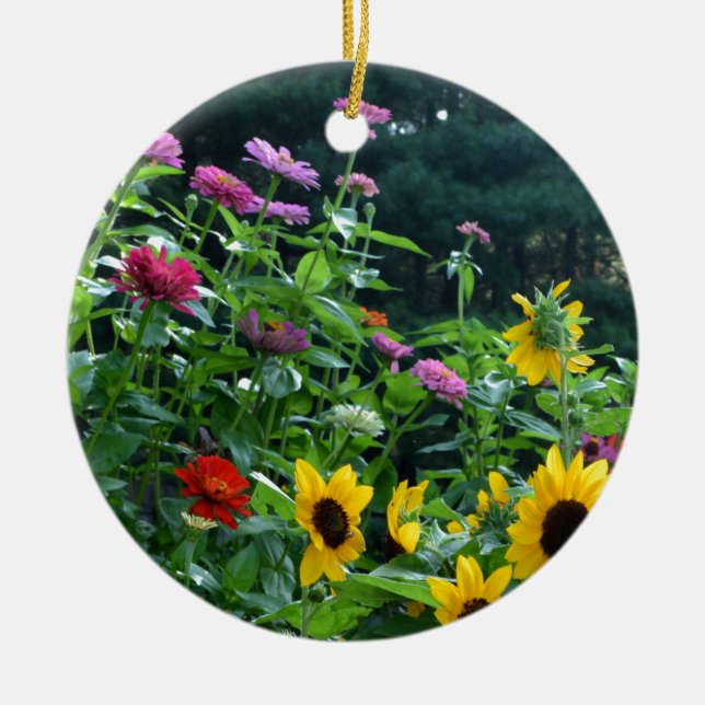 Elegant floral garden sunflowers zinnias daisies  ceramic tree decoration (Front)