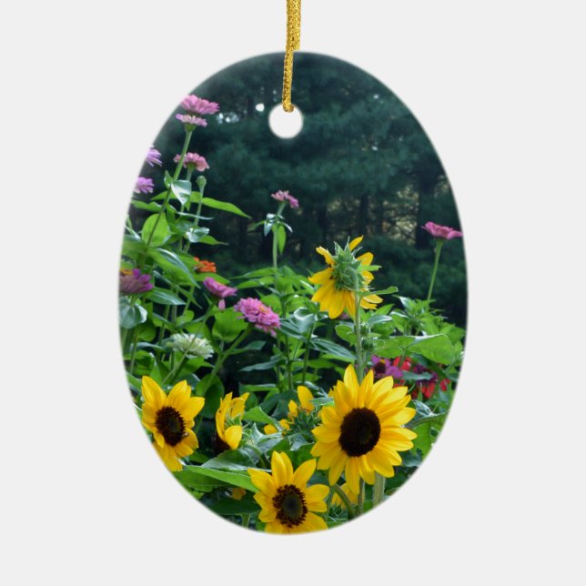 Elegant floral garden sunflowers zinnias daisies  ceramic tree decoration (Front)