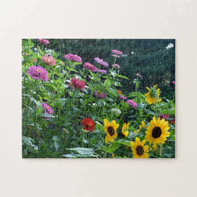 Elegant floral garden sunflowers zinnias daisies  jigsaw puzzle (Horizontal)