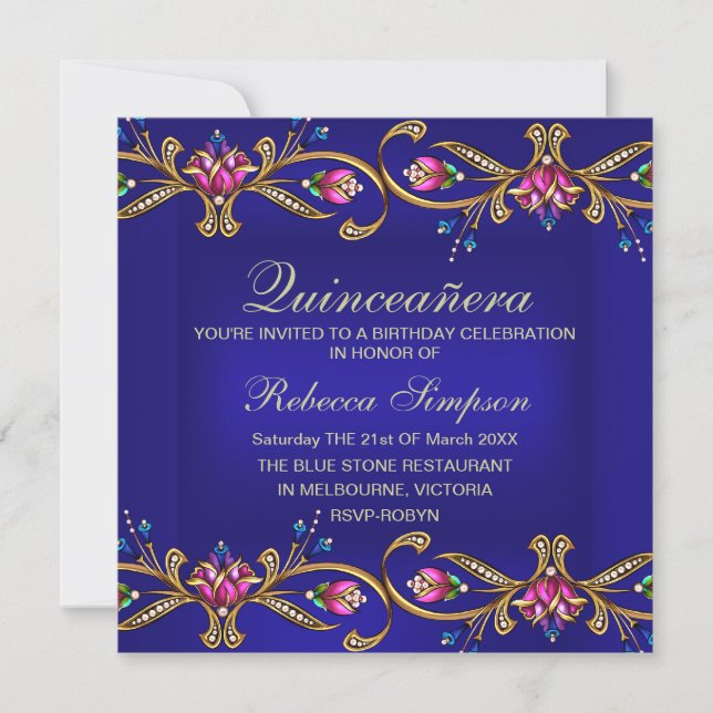 Elegant Floral Gem Blue Quinceañera Invite (Front)