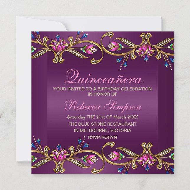 Elegant Floral Gem Purple/Black Quinceañera Invite (Front)