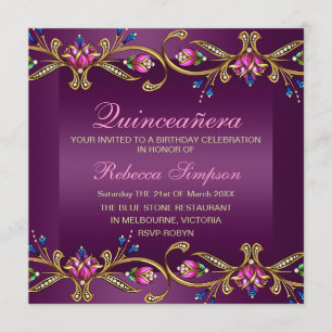 Elegant Floral Gem Purple/Black Quinceañera Invite
