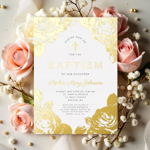 Elegant Floral Girl Baptism Gold Foil Invitation