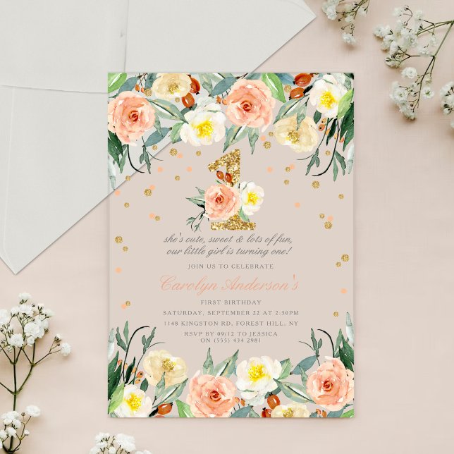 Elegant Floral Girls 1st Birthday Acrylic Invitations (Creator Uploaded)