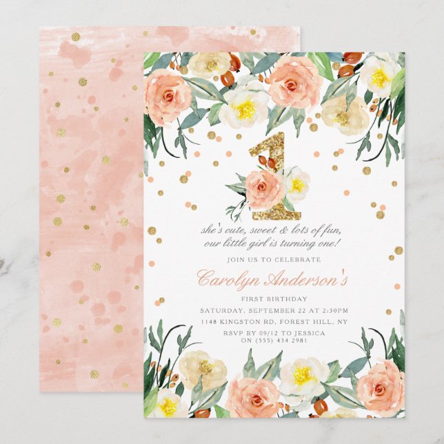 Elegant Floral Girls 1st Birthday Invitations (Front/Back)