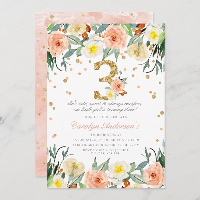 Elegant Floral Girls 3rd Birthday Invitations (Front/Back)