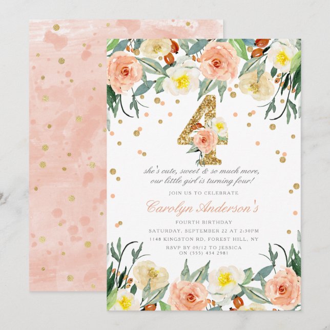 Elegant Floral Girls 4th Birthday Invitations (Front/Back)