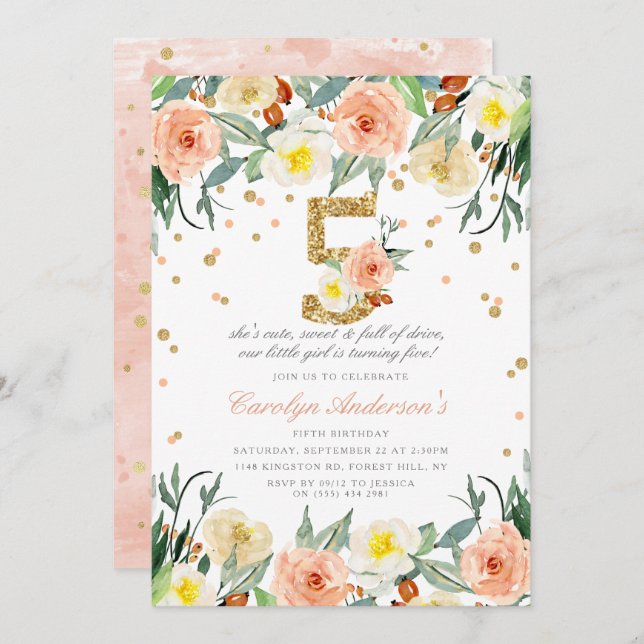 Elegant Floral Girls 5th Birthday Invitations (Front/Back)