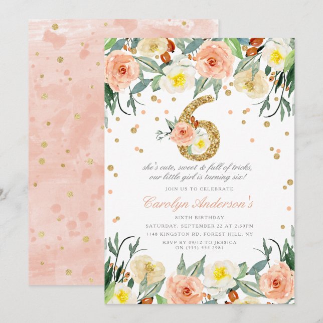 Elegant Floral Girls 6th Birthday Invitations (Front/Back)