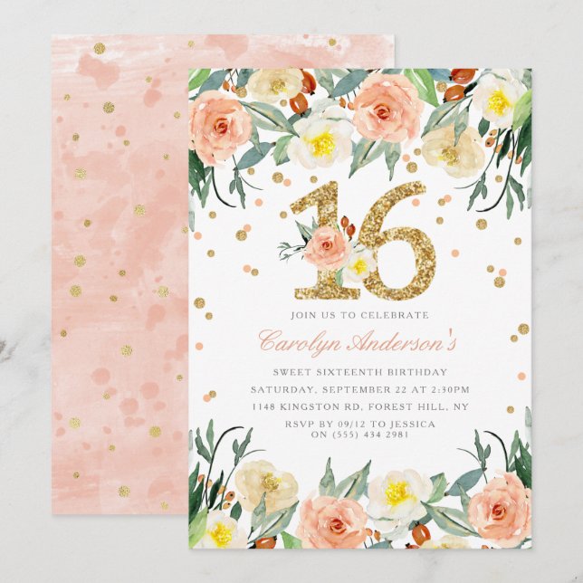 Elegant Floral Girls Sweet 16 Birthday Invitations (Front/Back)