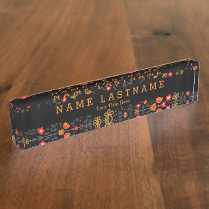 Elegant Floral Girly Custom Black Desk Nameplate