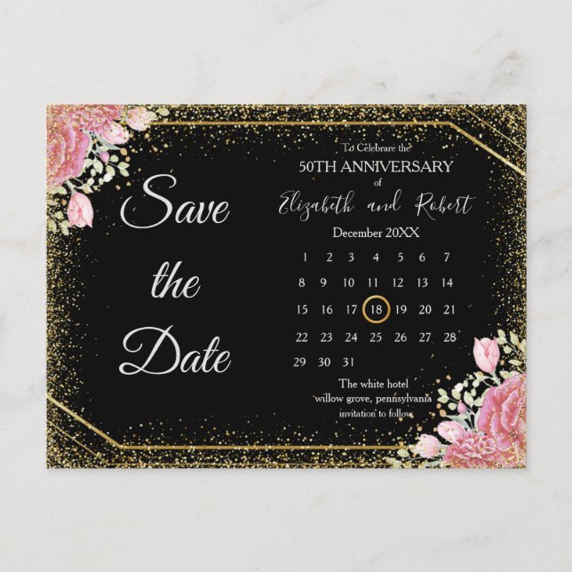 Elegant Floral Gliter Anniversary Save The Date Announcement Postcard (Front)