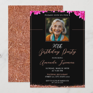 Elegant Floral Glitter 90th Birthday Invitation