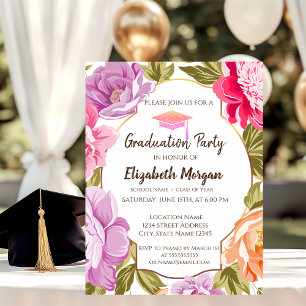 Elegant Floral, Glitter Graduation Cap Invitation