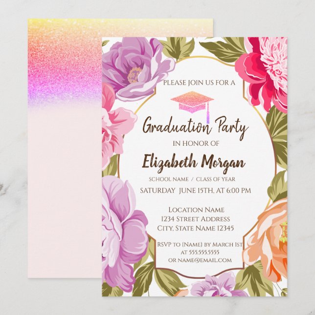 Elegant Floral, Glitter Graduation Cap Invitation (Front/Back)