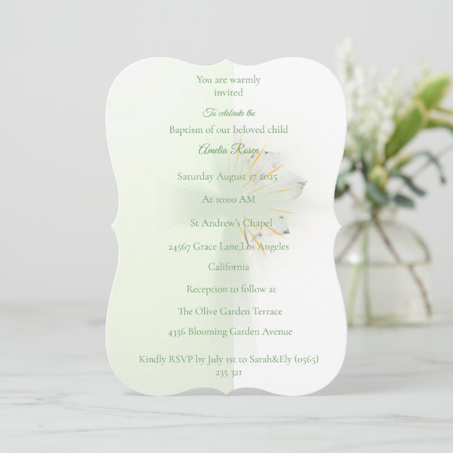 Elegant floral glowing cross baptism invitation  (Standing Front)