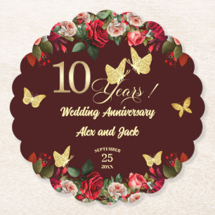 Elegant Floral Gold 10th Wedding Anniversary Paper Coaster