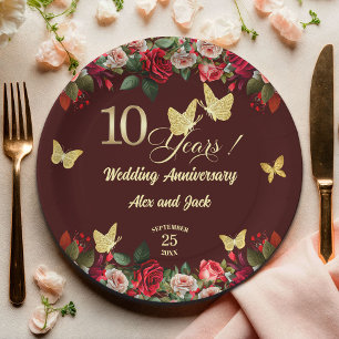 Elegant Floral Gold 10th Wedding Anniversary  Paper Plate