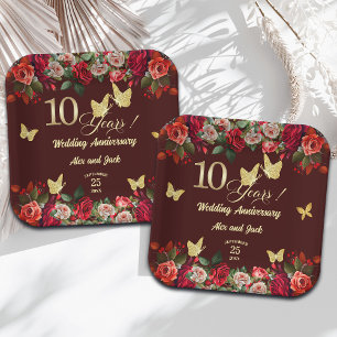 Elegant Floral Gold 10th Wedding Anniversary Paper Plate