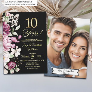Elegant Floral Gold 10th Wedding Anniversary Photo Invitation