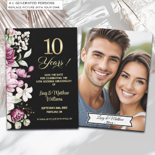 Elegant Floral Gold 10th Wedding Anniversary Photo Save The Date