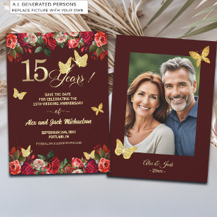 Elegant Floral Gold 15th Wedding Anniversary Photo Save The Date