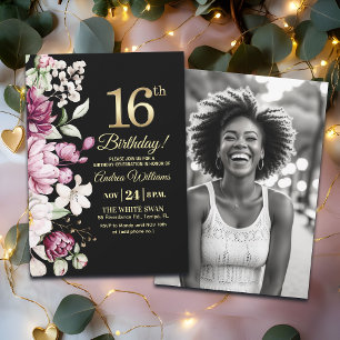 Elegant Floral Gold 16 Birthday Photo Invitation