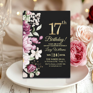Elegant Floral Gold 17 Birthday Party Invitation