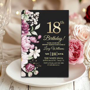 Elegant Floral Gold 18 Birthday Party Invitation