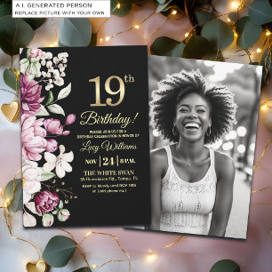 Elegant Floral Gold 19 Birthday Photo Invitation