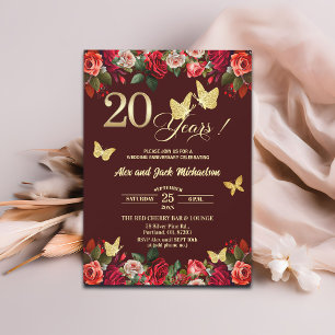 Elegant Floral Gold 20th Wedding Anniversary Invitation