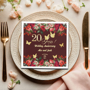 Elegant Floral Gold 20th Wedding Anniversary Napkin