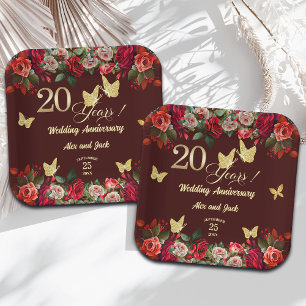 Elegant Floral Gold 20th Wedding Anniversary Paper Plate