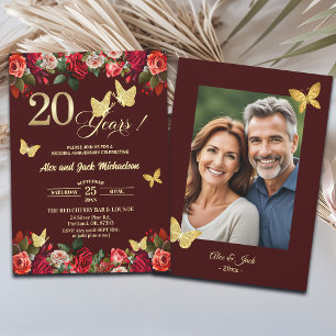 Elegant Floral Gold 20th Wedding Anniversary Photo Invitation