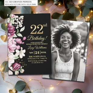 Elegant Floral Gold 22 Birthday Photo Invitation