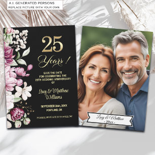 Elegant Floral Gold 25th Wedding Anniversary Photo Save The Date