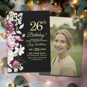 Elegant Floral Gold 26 Birthday Photo Invitation
