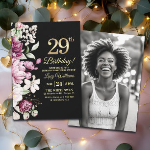 Elegant Floral Gold 29 Birthday Photo Invitation