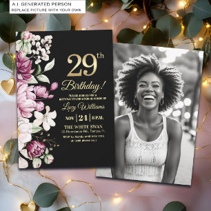 Elegant Floral Gold 29 Birthday Photo Invitation
