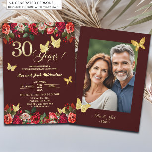 Elegant Floral Gold 30th Wedding Anniversary Photo Invitation