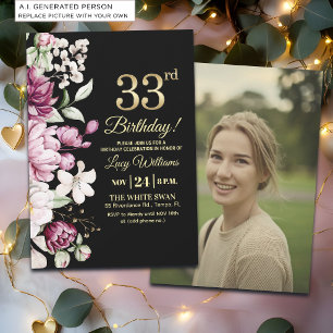 Elegant Floral Gold 33 Birthday Photo Invitation