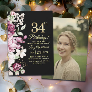 Elegant Floral Gold 34 Birthday Photo Invitation