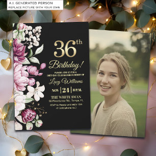 Elegant Floral Gold 36 Birthday Photo Invitation