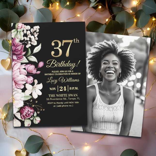 Elegant Floral Gold 37 Birthday Photo Invitation (Creator Uploaded)